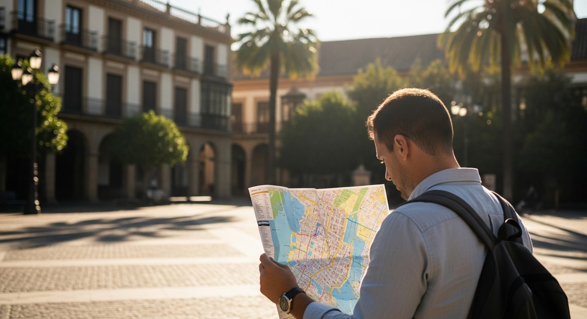 a traveller looking at a map in a sunny Spanish plaza in Barcelona