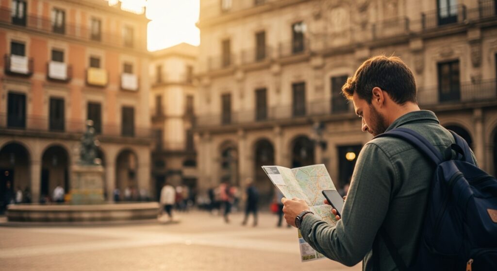 a traveller looking at a map in a Spanish city plaza on a two-day Barcelona itinerary