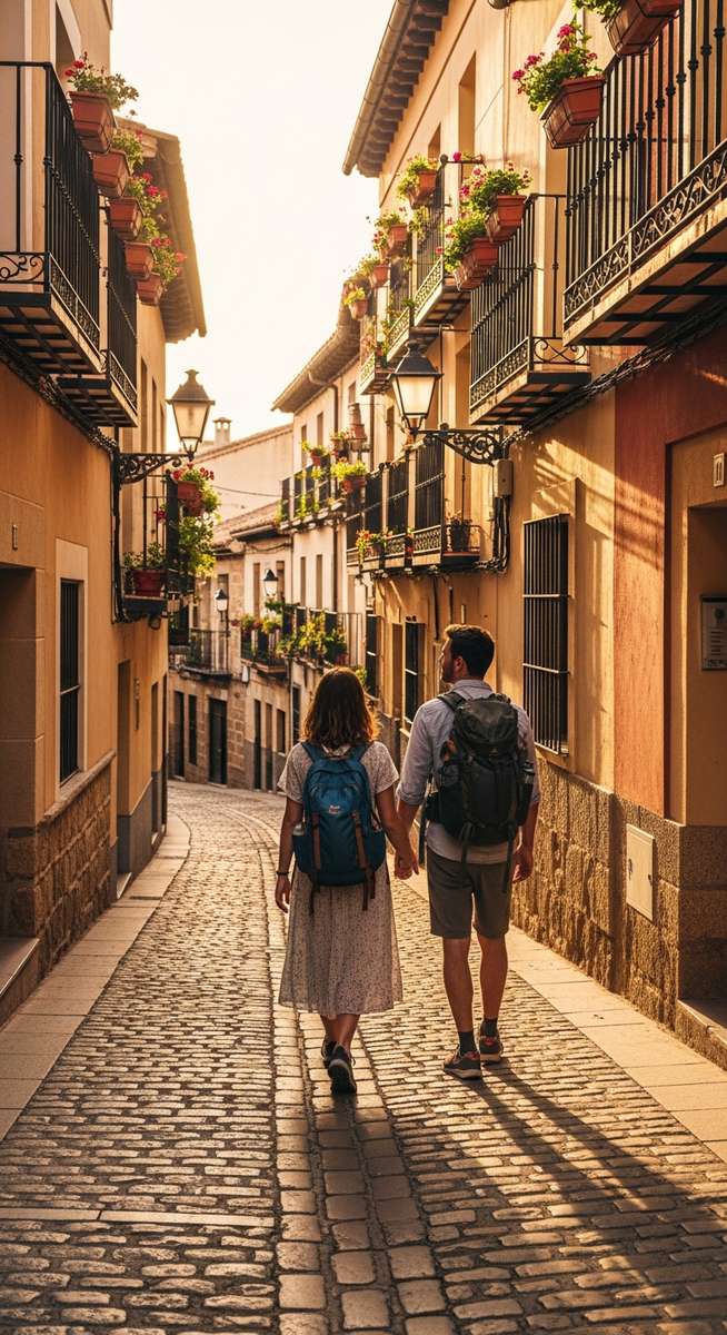 a couple walking through an old-town Spanish street with backpacks on a two-day Barcelona itinerary