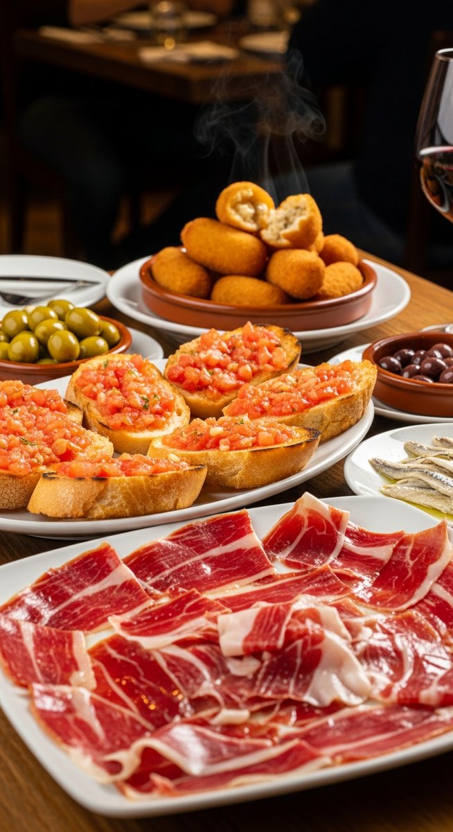 a Spanish tapas spread on a restaurant table on a two-day Barcelona itinerary