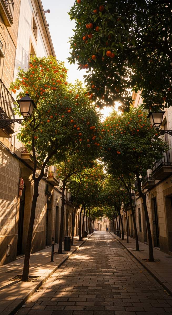 an orange tree-lined street in Barcelona