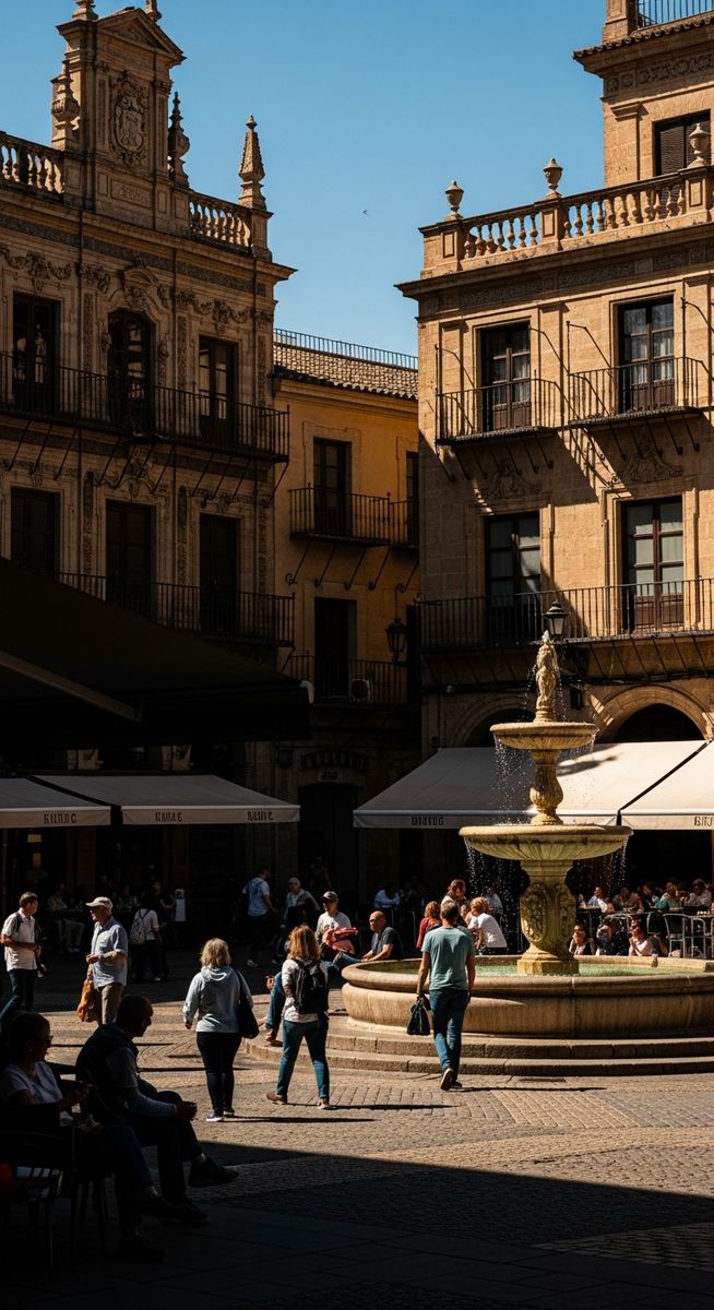a Spanish plaza at midday with ornate architecture