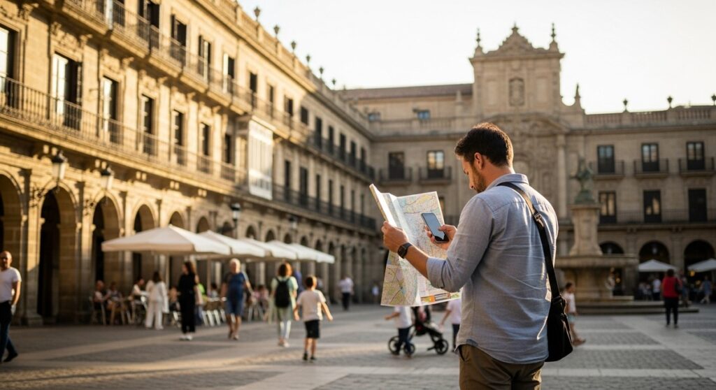 a traveller looking at a map in a Spanish city plaza on a two-day Seville itinerary