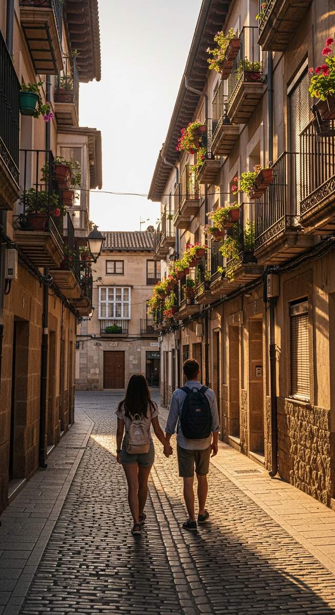 a couple walking through an old-town Spanish street with backpacks on a two-day Valencia itinerary