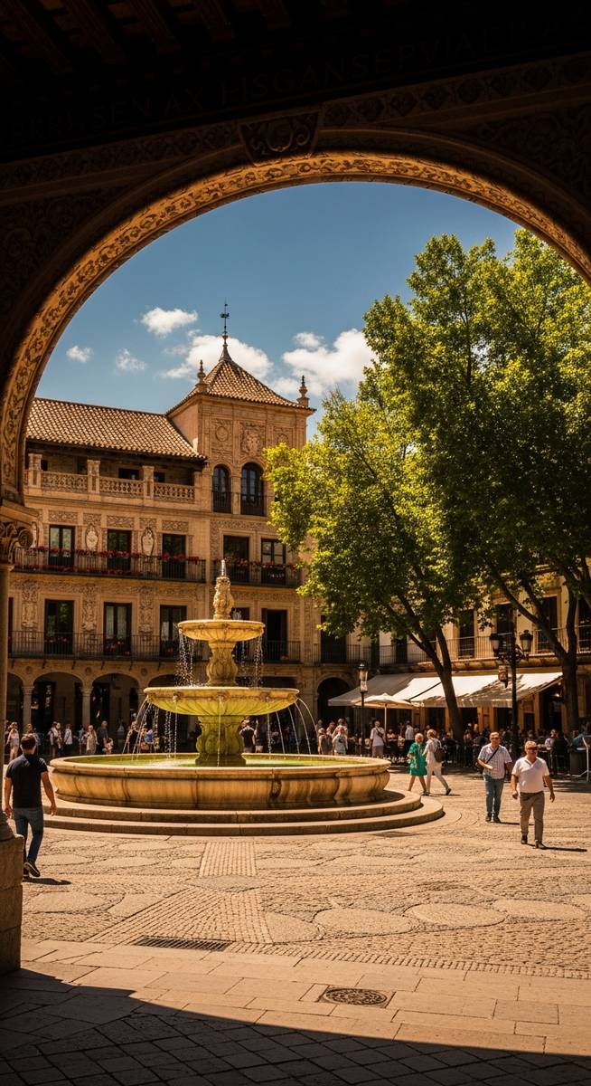 a Spanish plaza at midday with ornate architecture