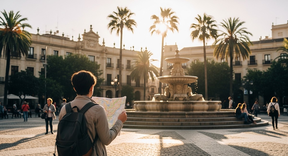 a traveller looking at a map in a Spanish city plaza on a two-day Valencia itinerary