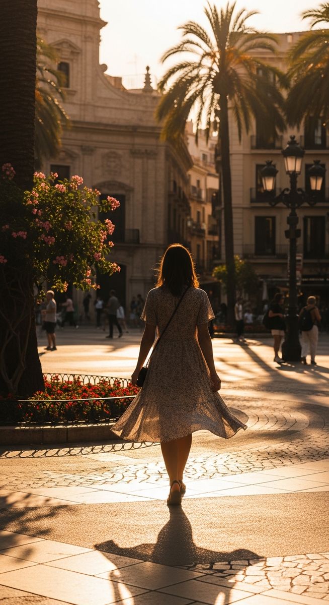 a woman in a summer dress walking through a Valencia plaza in