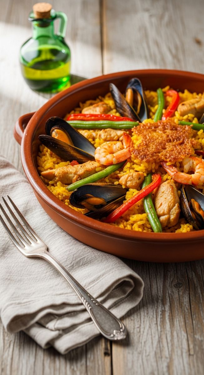 a bowl of paella valenciana in a terracotta dish