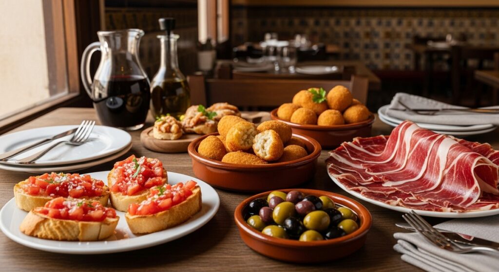 a spread of Spanish tapas on a restaurant table in Barcelona