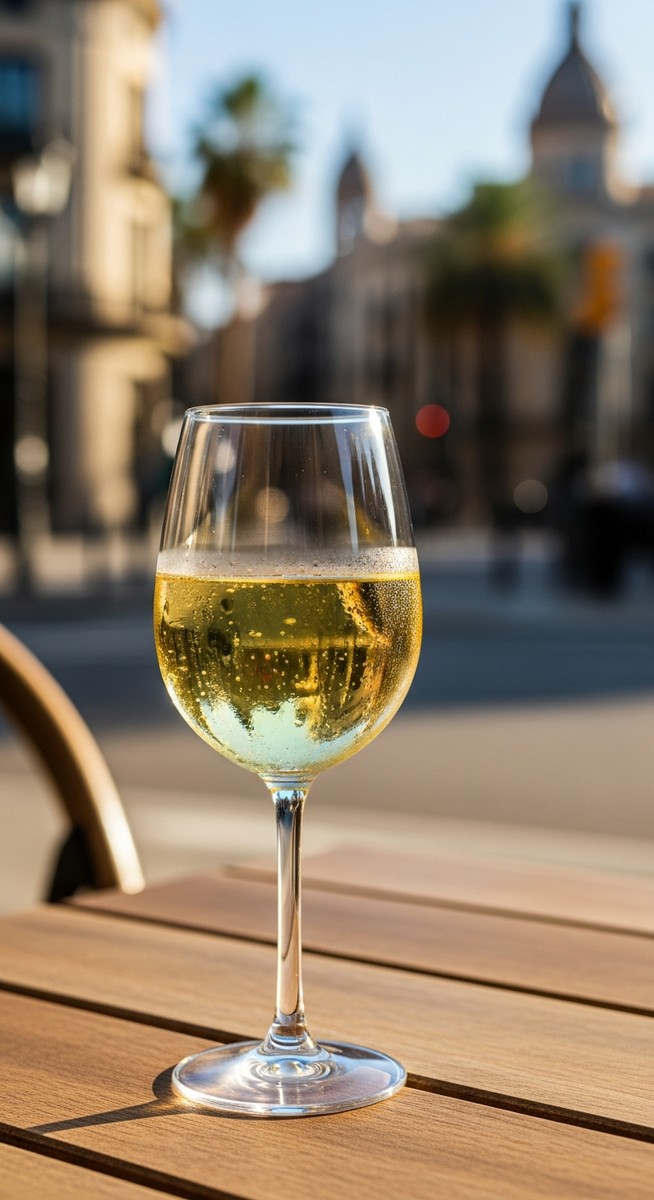 a glass of Spanish wine on a cafe table in Barcelona