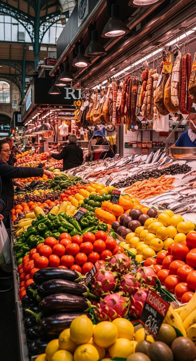a Barcelona food market with colourful stalls
