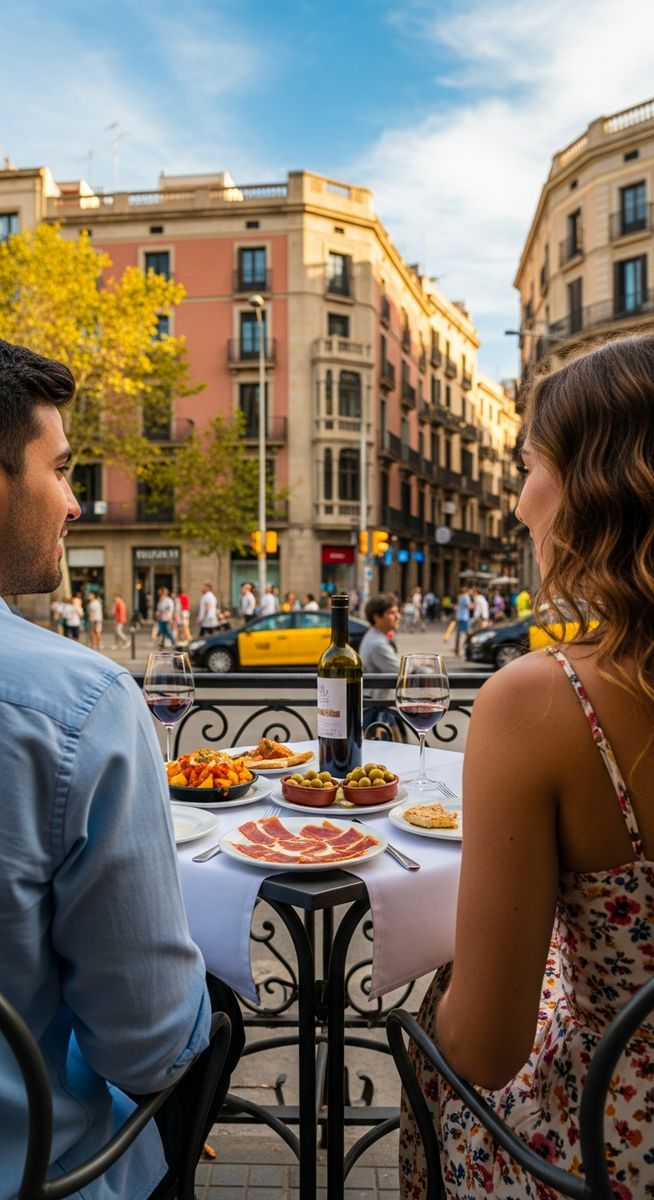 two friends at a restaurant terrace in Barcelona with food and wine