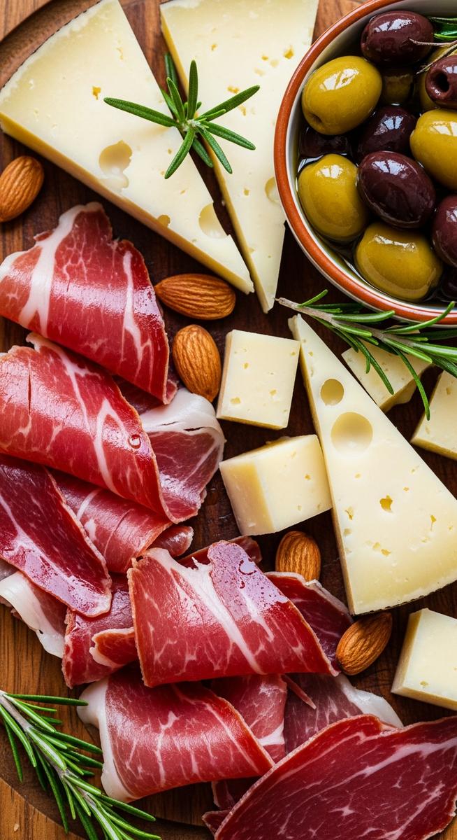 Spanish charcuterie on a wooden board in Barcelona