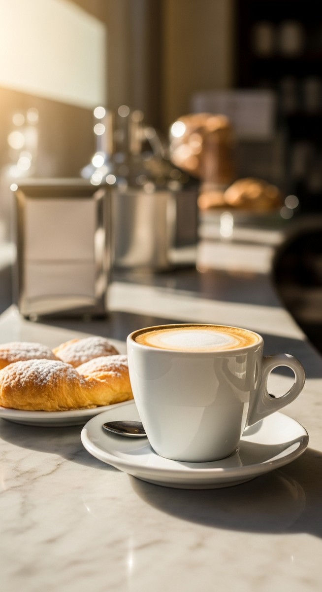 a cafe con leche and pastry on a Spanish cafe counter