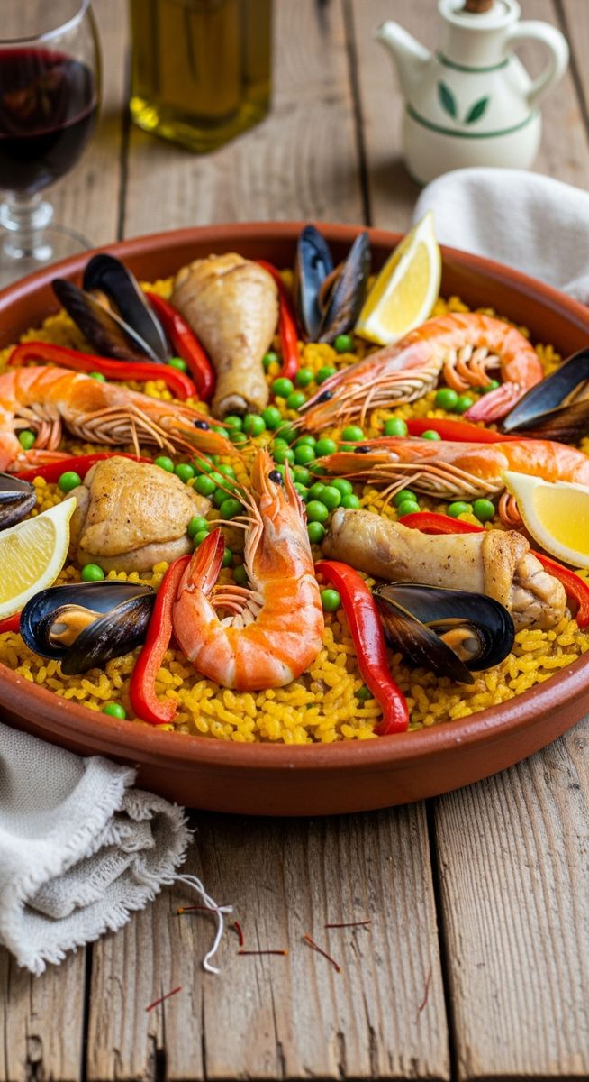 a bowl of paella valenciana in a terracotta dish