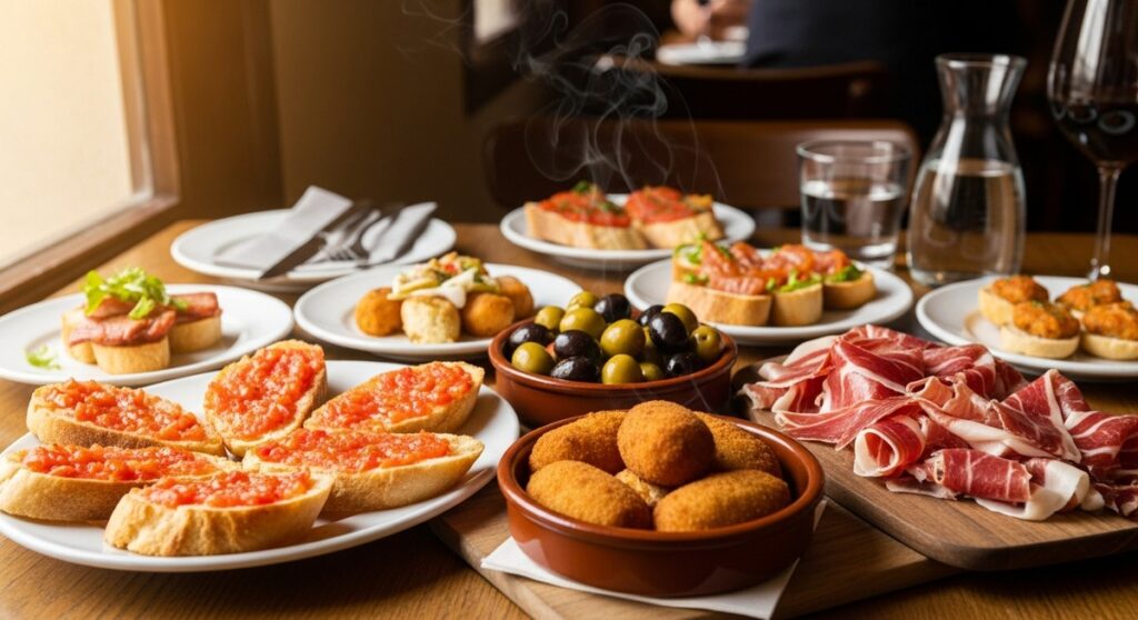a spread of Spanish tapas on a restaurant table in Barcelona