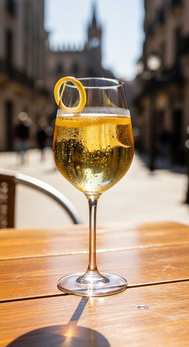 a glass of Spanish wine on a cafe table in Barcelona
