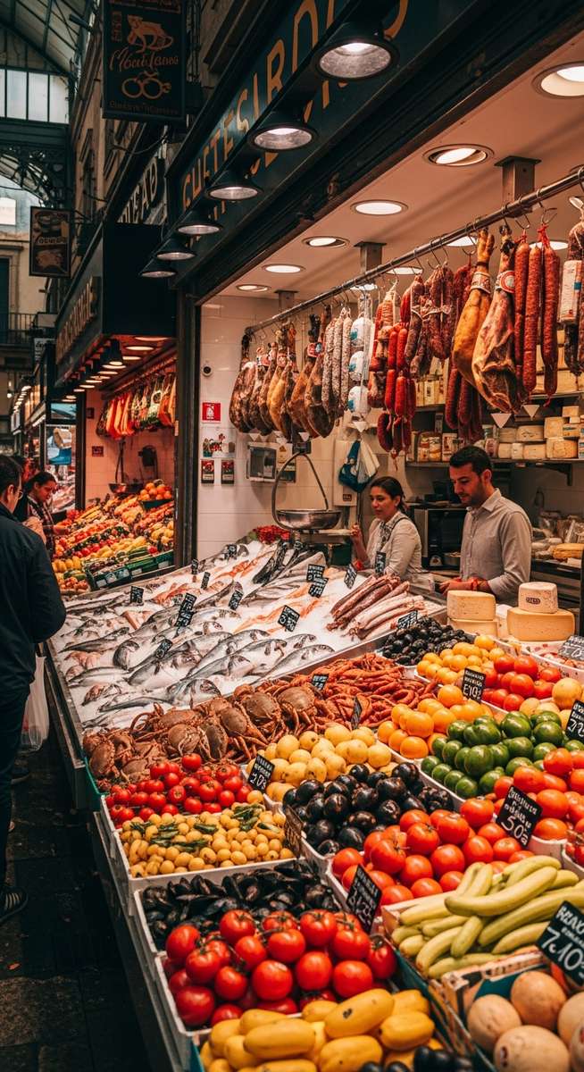 a Barcelona food market with colourful stalls