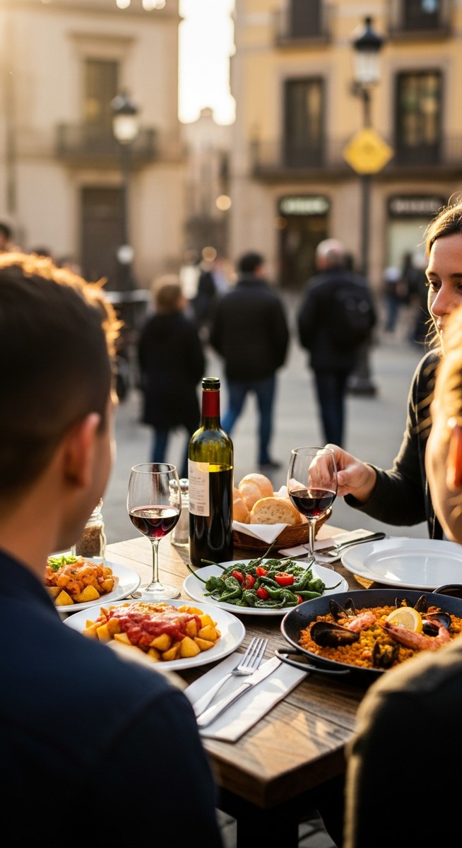 two friends at a restaurant terrace in Barcelona with food and wine