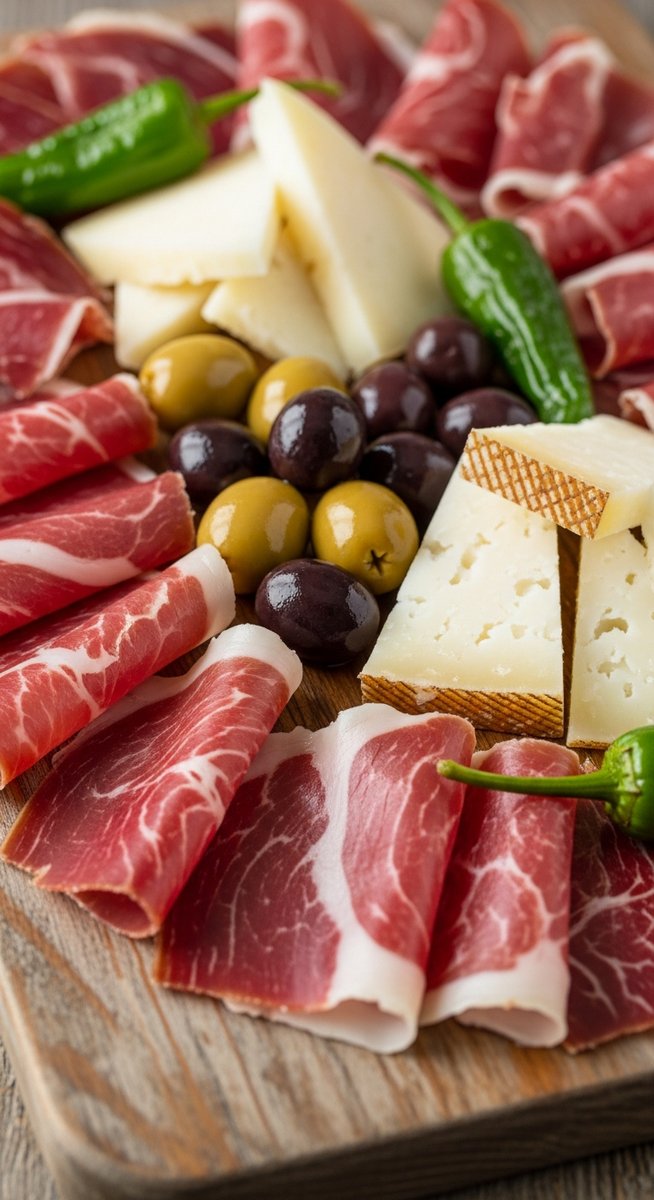 Spanish charcuterie on a wooden board in Barcelona
