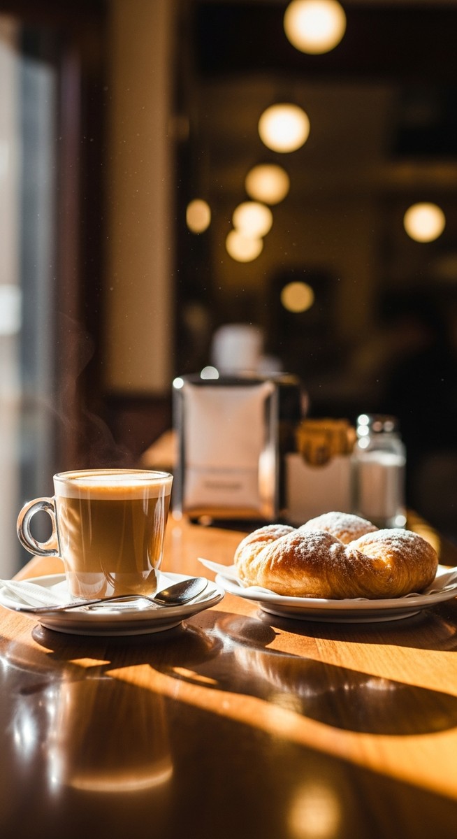 a cafe con leche and pastry on a Spanish cafe counter