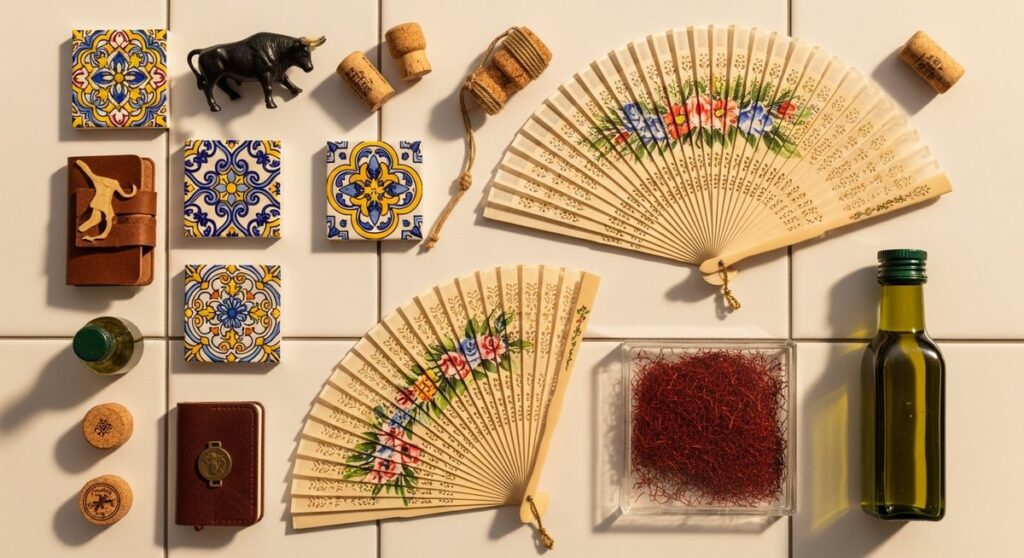 a flatlay of Spanish travel gifts and souvenirs at a vintage shop in Barcelona