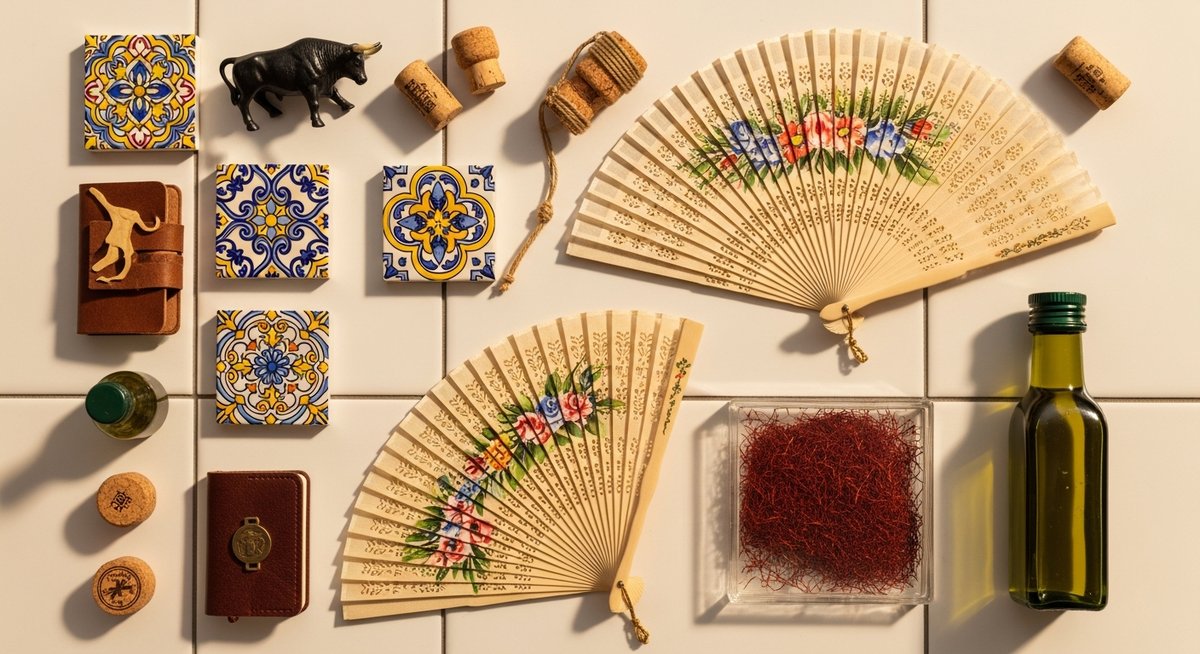 a flatlay of Spanish travel gifts and souvenirs at a vintage shop in Barcelona