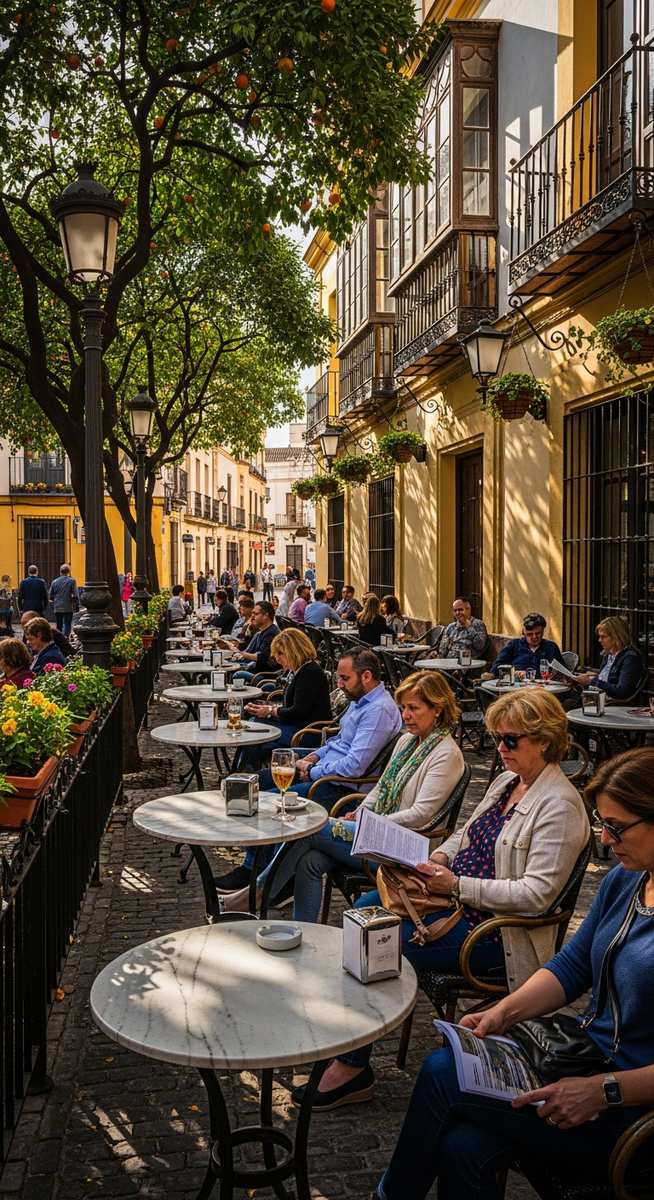 an outdoor cafe terrace in Spain in April