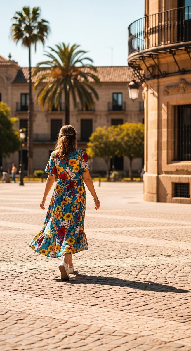 a woman in a summer dress walking through a Spain plaza in April