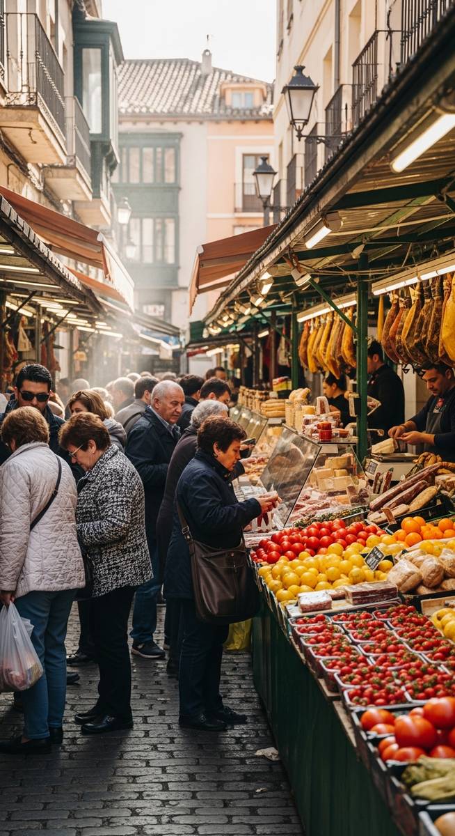 a bustling market in Spain in April
