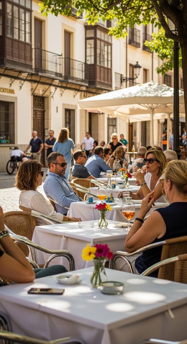 an outdoor cafe terrace in Spain in August