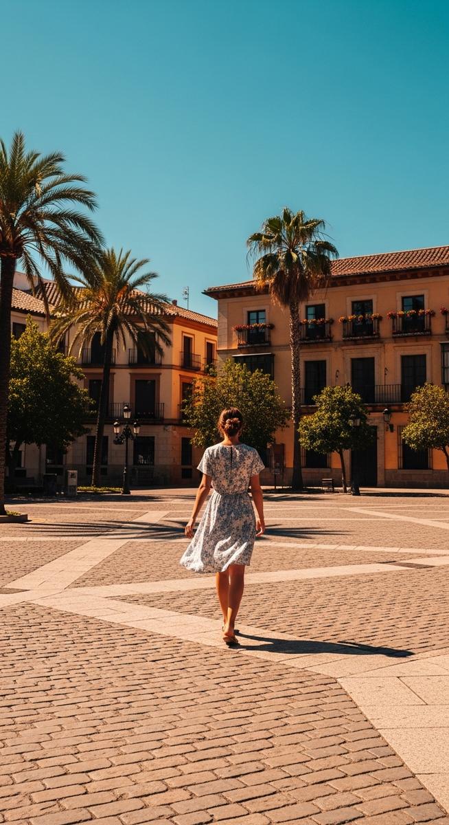 a woman in a summer dress walking through a Spain plaza in August