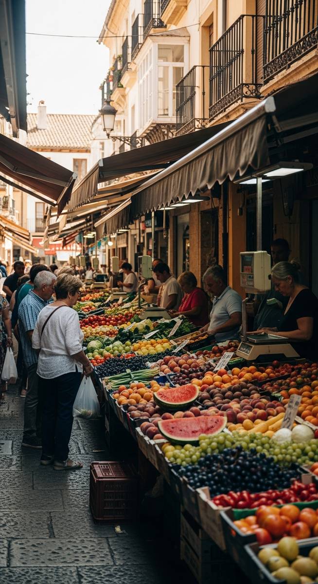 a bustling market in Spain in August