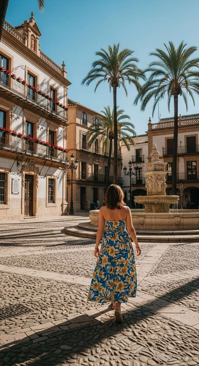 a woman in a summer dress walking through a Spain plaza in December