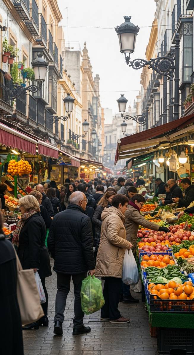 a bustling market in Spain in December