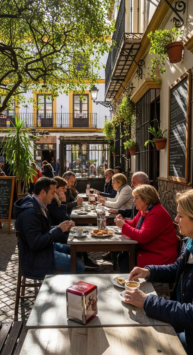 an outdoor cafe terrace in Spain in February