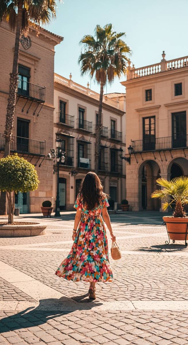 a woman in a summer dress walking through a Spain plaza in February