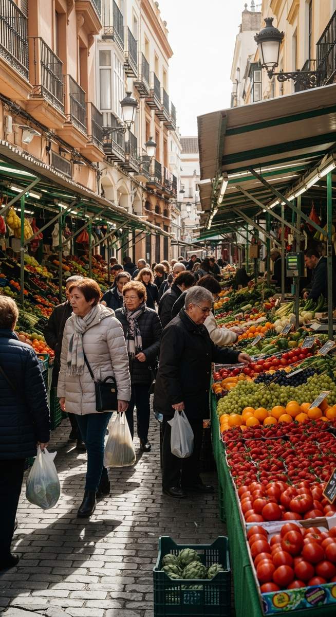 a bustling market in Spain in February
