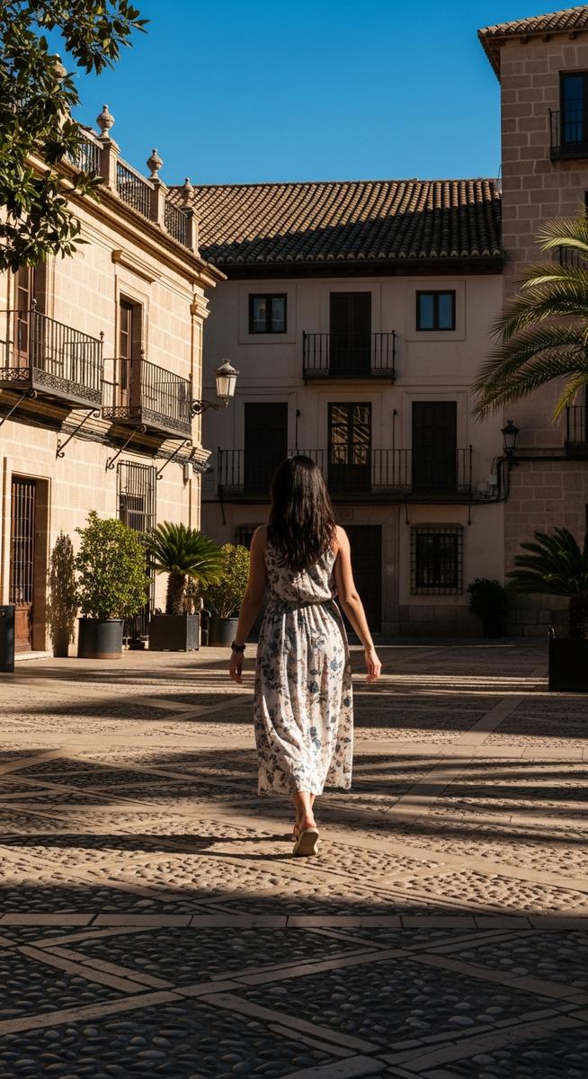 a woman in a summer dress walking through a Spain plaza in January