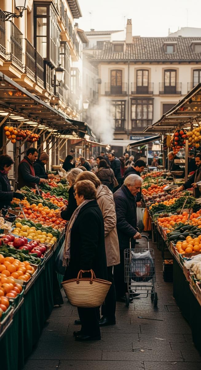 a bustling market in Spain in January