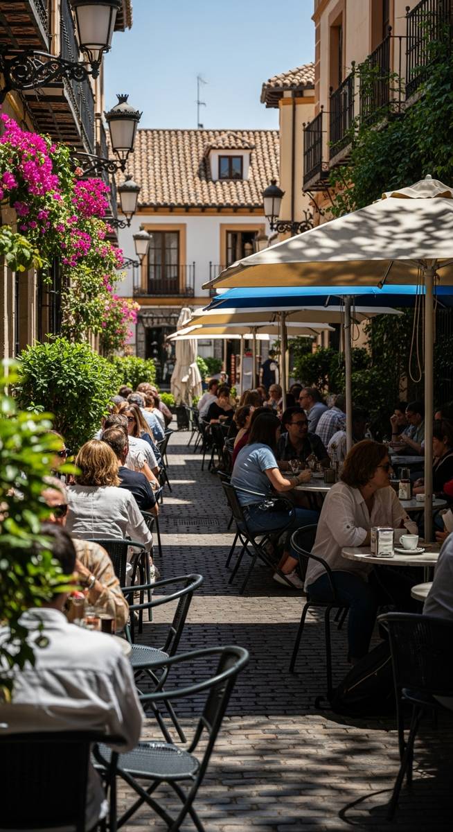 an outdoor cafe terrace in Spain in July