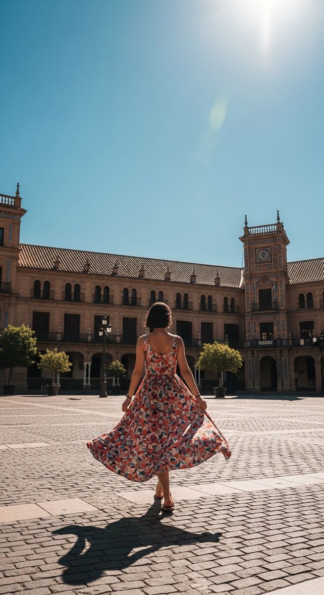 a woman in a summer dress walking through a Spain plaza in July