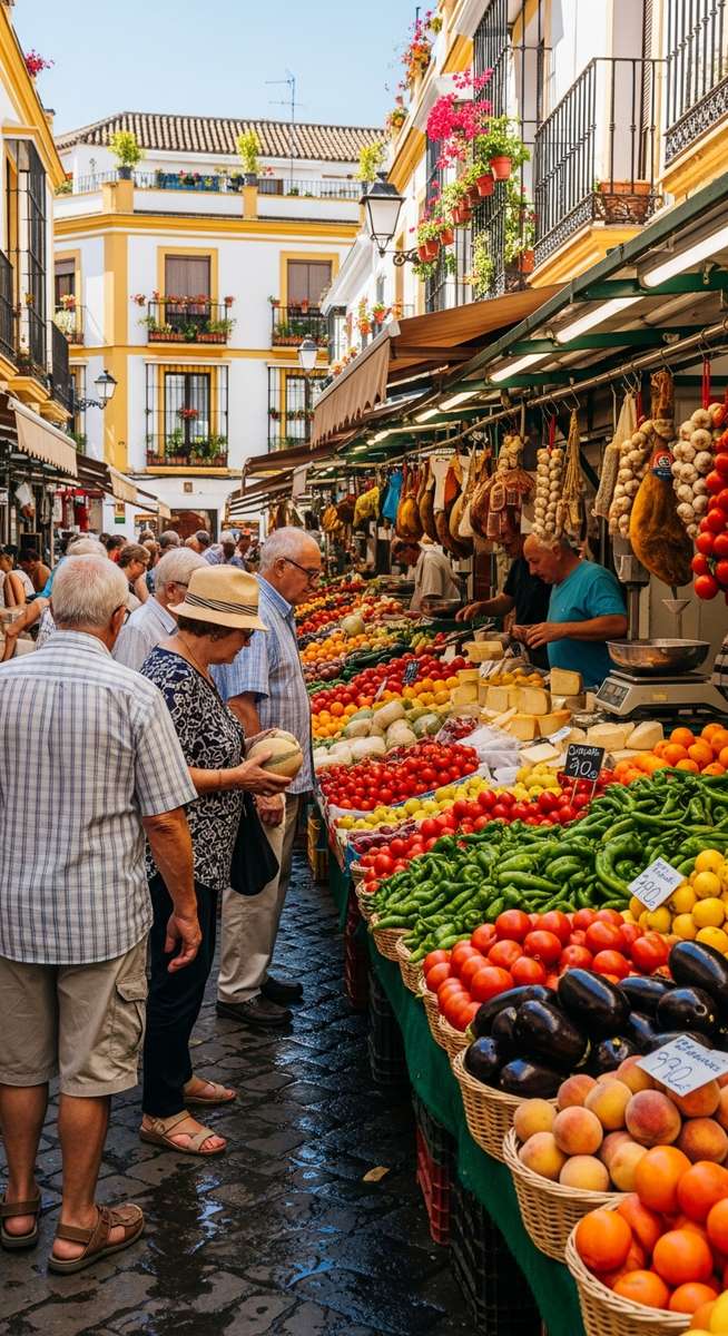 a bustling market in Spain in July