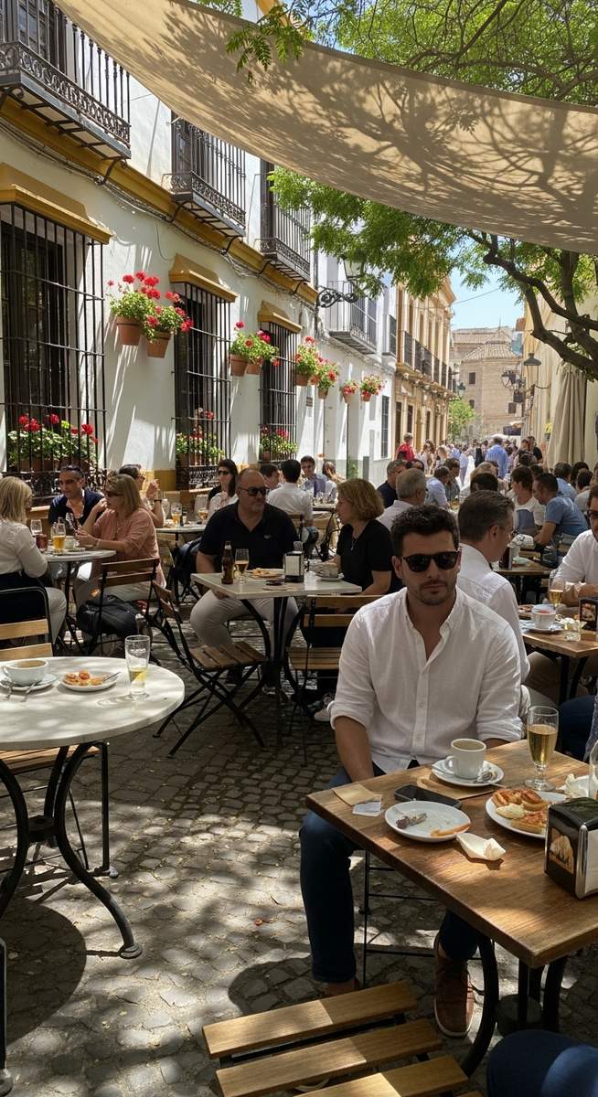 an outdoor cafe terrace in Spain in June