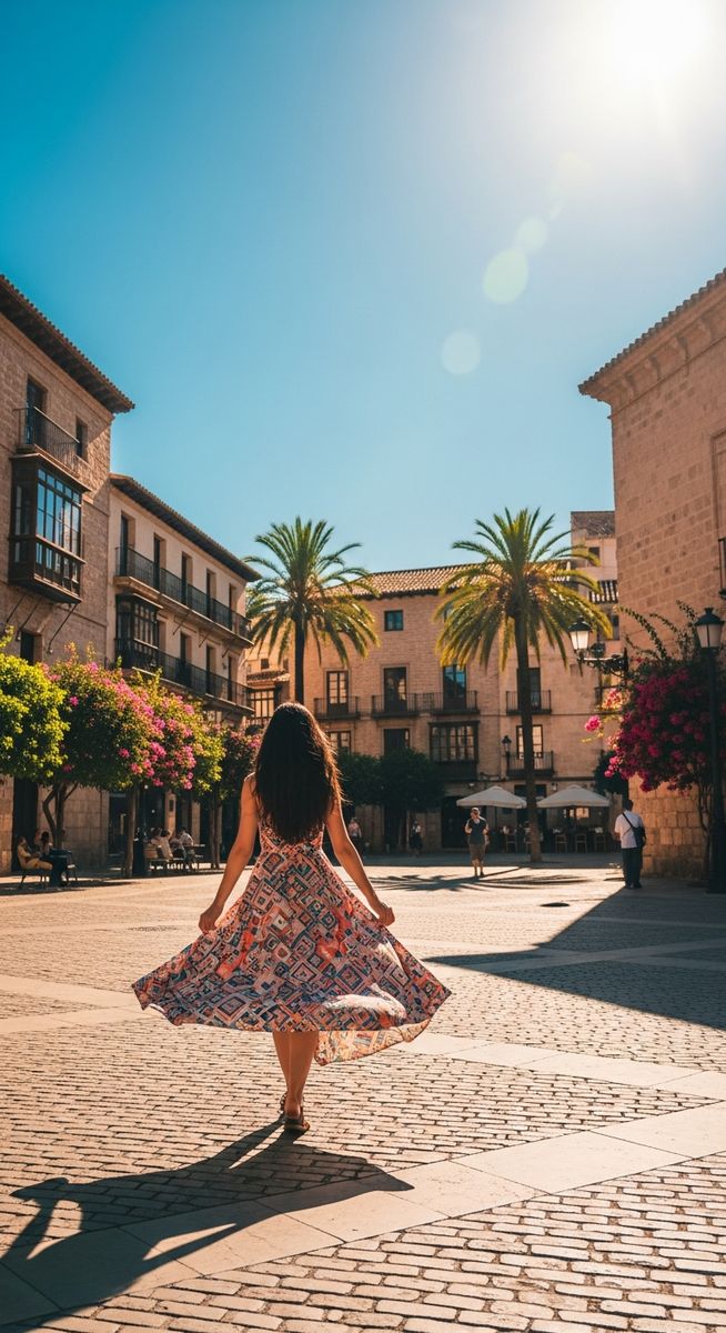 a woman in a summer dress walking through a Spain plaza in June
