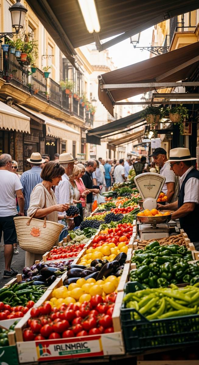 a bustling market in Spain in June
