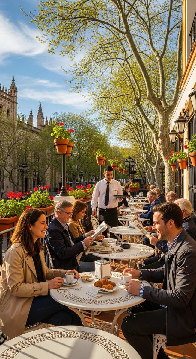 an outdoor cafe terrace in Spain in March