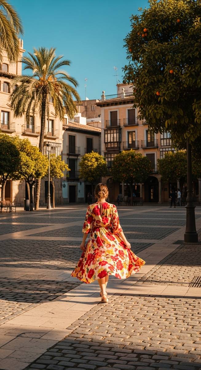 a woman in a summer dress walking through a Spain plaza in March