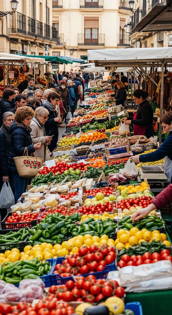 a bustling market in Spain in March