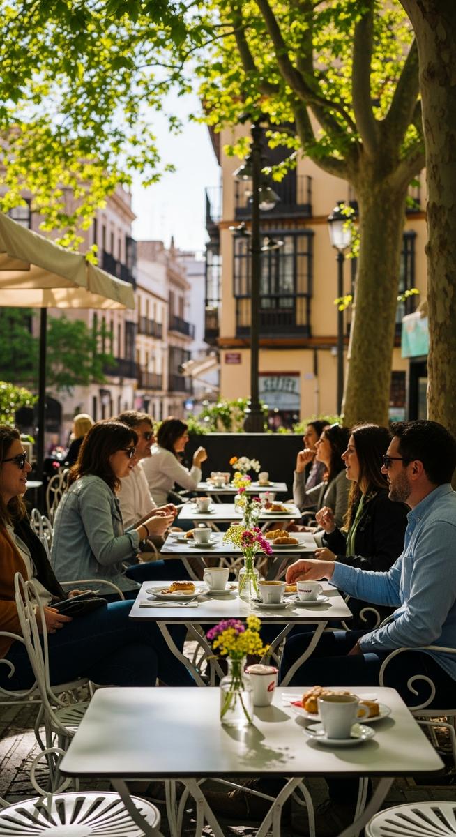 an outdoor cafe terrace in Spain in May